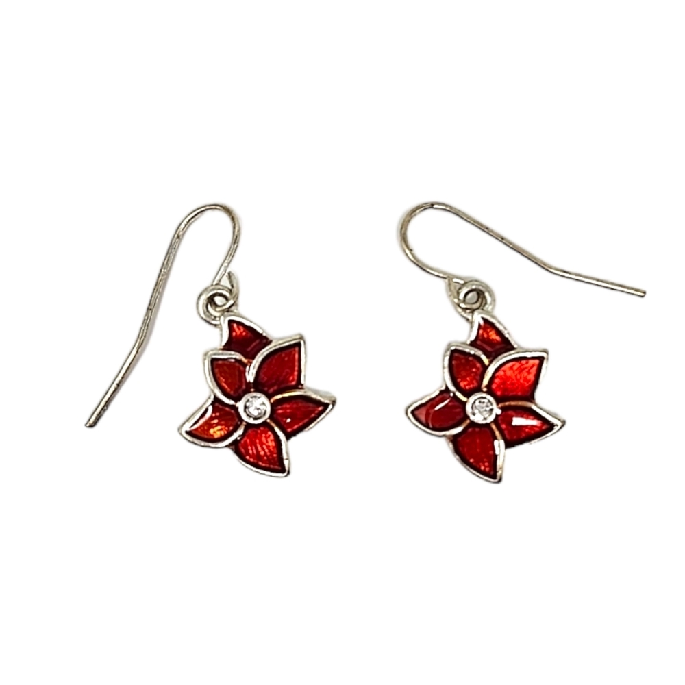 KC Poinsettia Flower Earrings Silver Tone Red Enamel Pierced Holidays Christmas